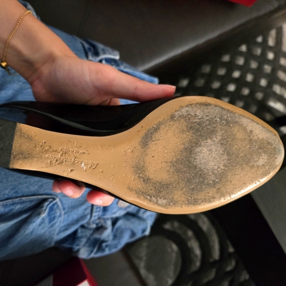 Salvatore Ferragamo Black Wedge Heels with Gold Bow Detail - Picture 5 of 7